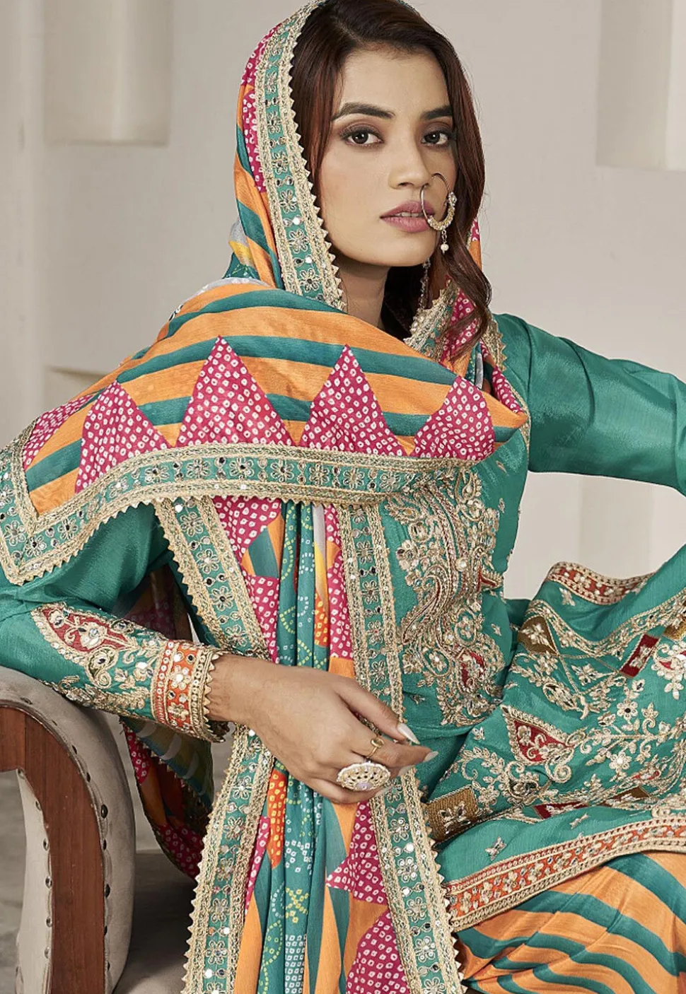 Embroidered Chinon Silk Punjabi Suit in Sea Green