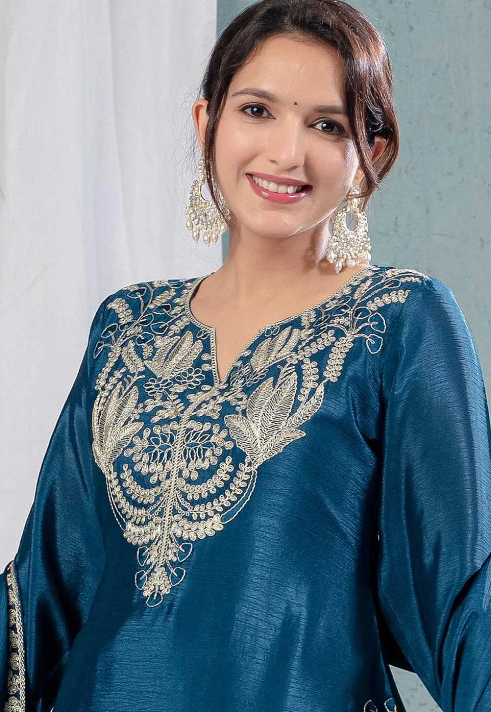 Embroidered Chinon Silk Pakistani Suit in Teal Blue