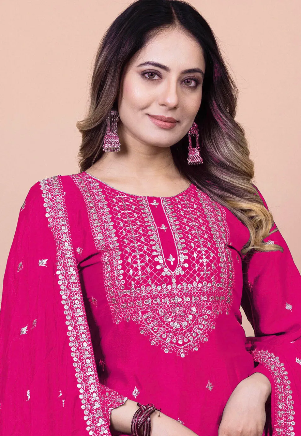 Embroidered Chinon Silk Pakistani Suit in Fuchsia