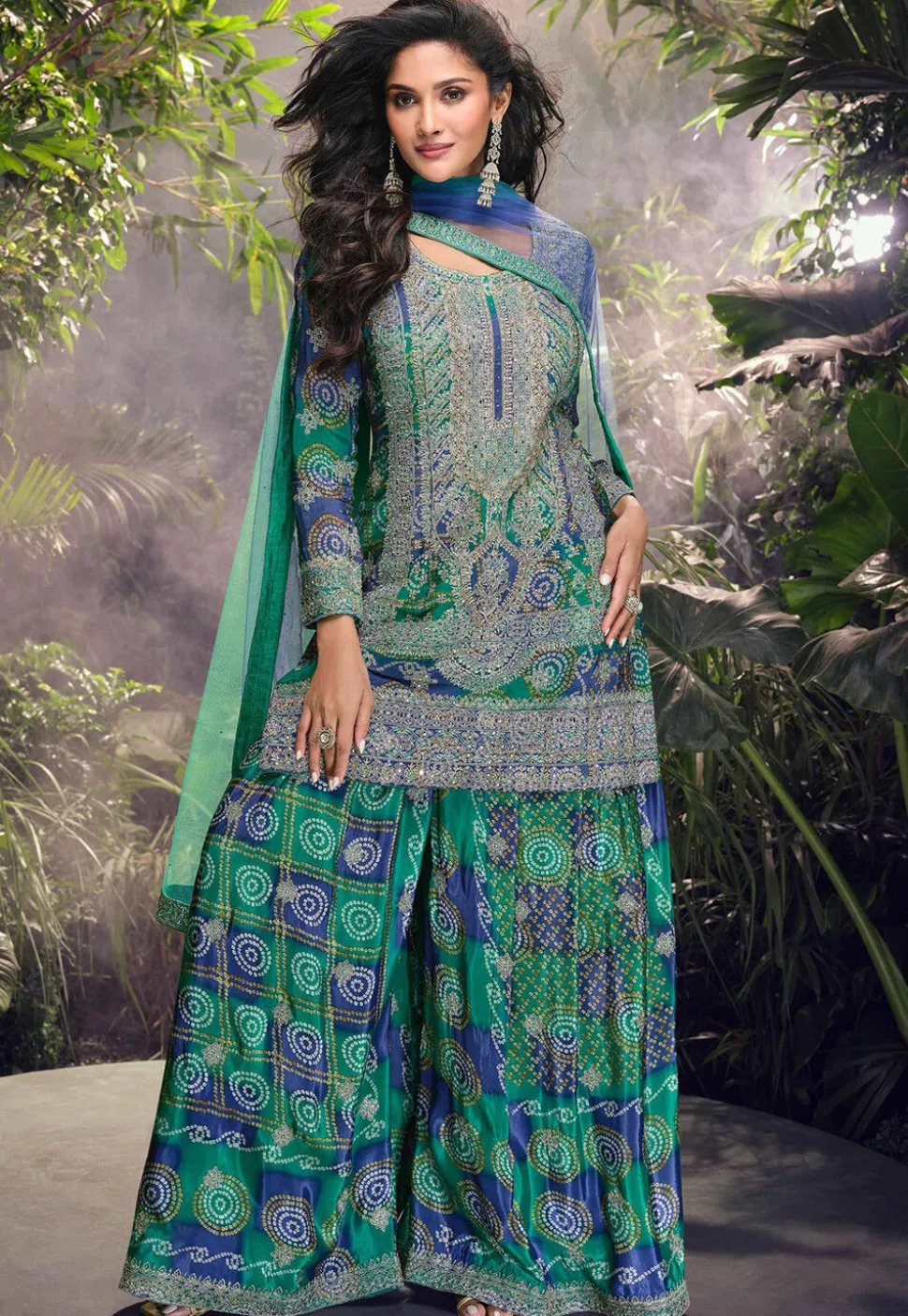 Embroidered Chinon Silk Pakistani Suit in Blue and Green