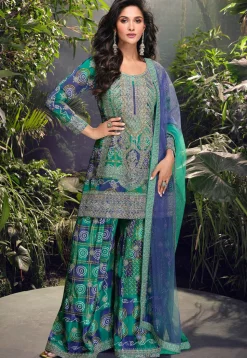 Embroidered Chinon Silk Pakistani Suit in Blue and Green
