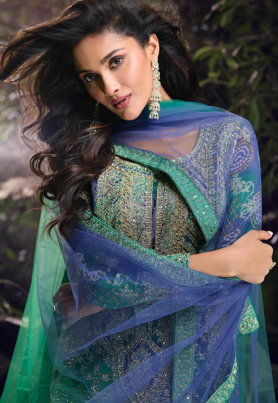 Embroidered Chinon Silk Pakistani Suit in Blue and Green