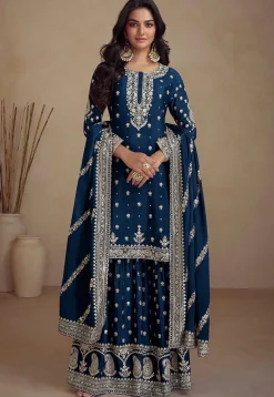 Embroidered Chinon Silk Pakistani Suit in Teal Blue