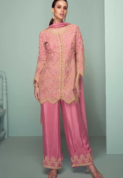Embroidered Chinon Silk Pakistani Suit in Pink