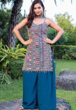 Embroidered Chinon Silk Pakistani Suit in Teal Blue