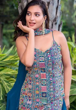 Embroidered Chinon Silk Pakistani Suit in Teal Blue