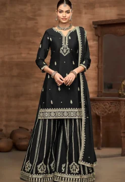 Embroidered Chinon Silk Pakistani Suit in Black