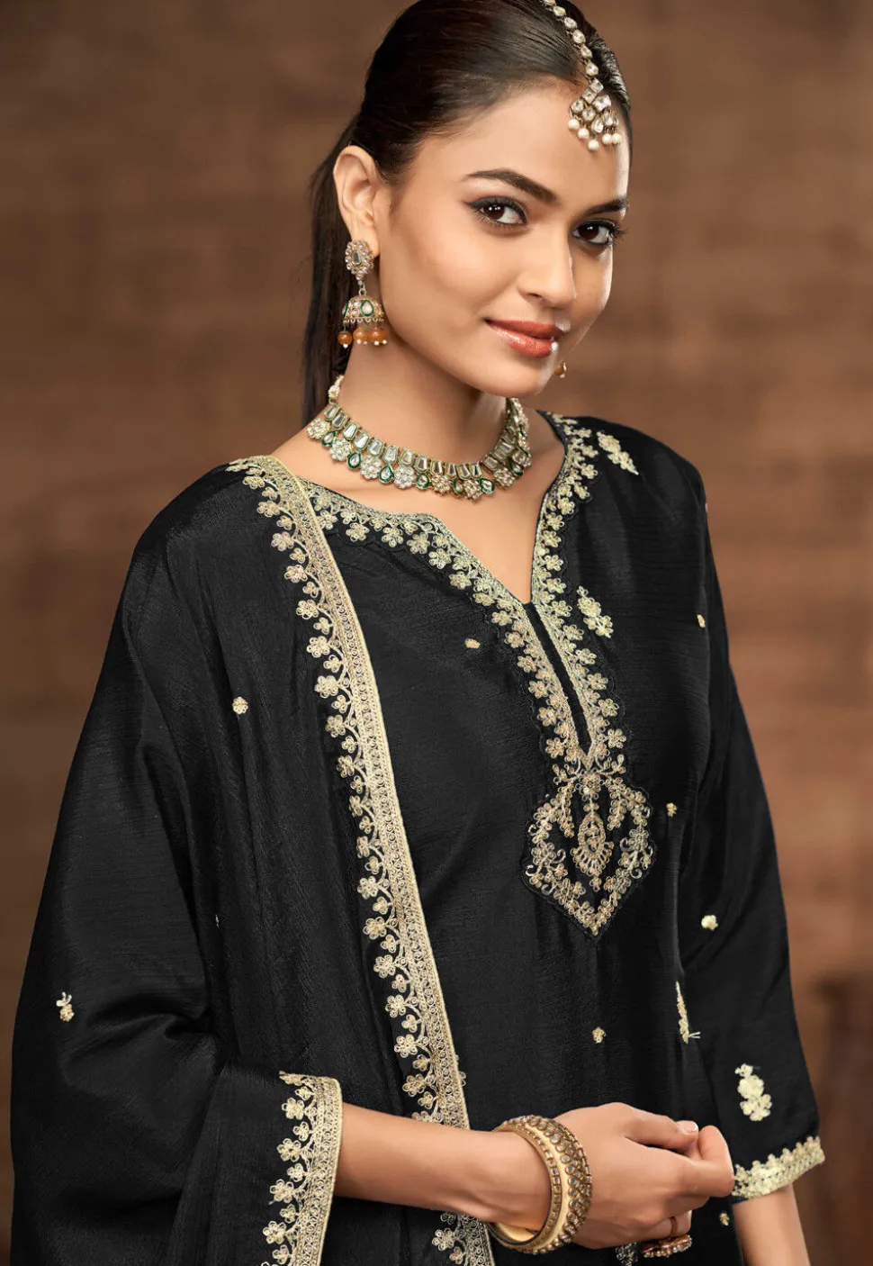 Embroidered Chinon Silk Pakistani Suit in Black