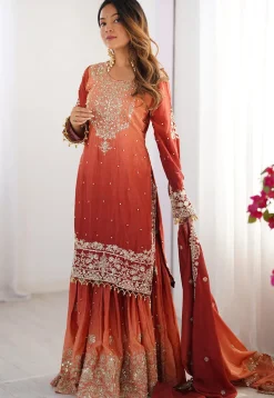 Embroidered Chinon Silk Pakistani Suit in Shaded Rust