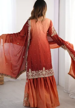 Embroidered Chinon Silk Pakistani Suit in Shaded Rust