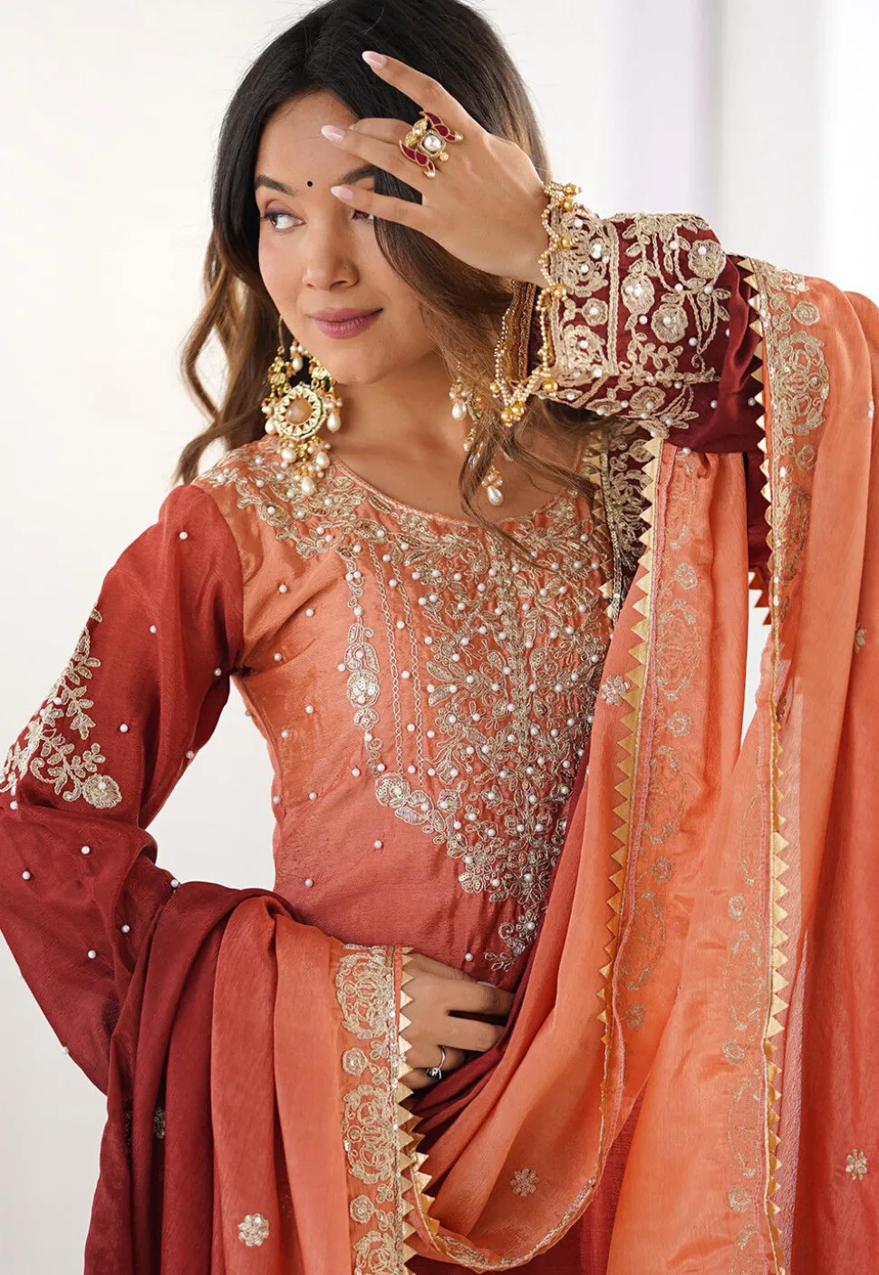 Embroidered Chinon Silk Pakistani Suit in Shaded Rust