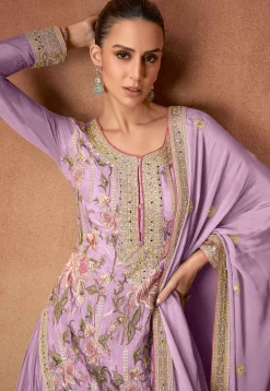 Embroidered Chinon Silk Pakistani Suit in Light Purple