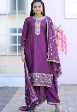 Embroidered Chinon Silk Pakistani Suit in Purple
