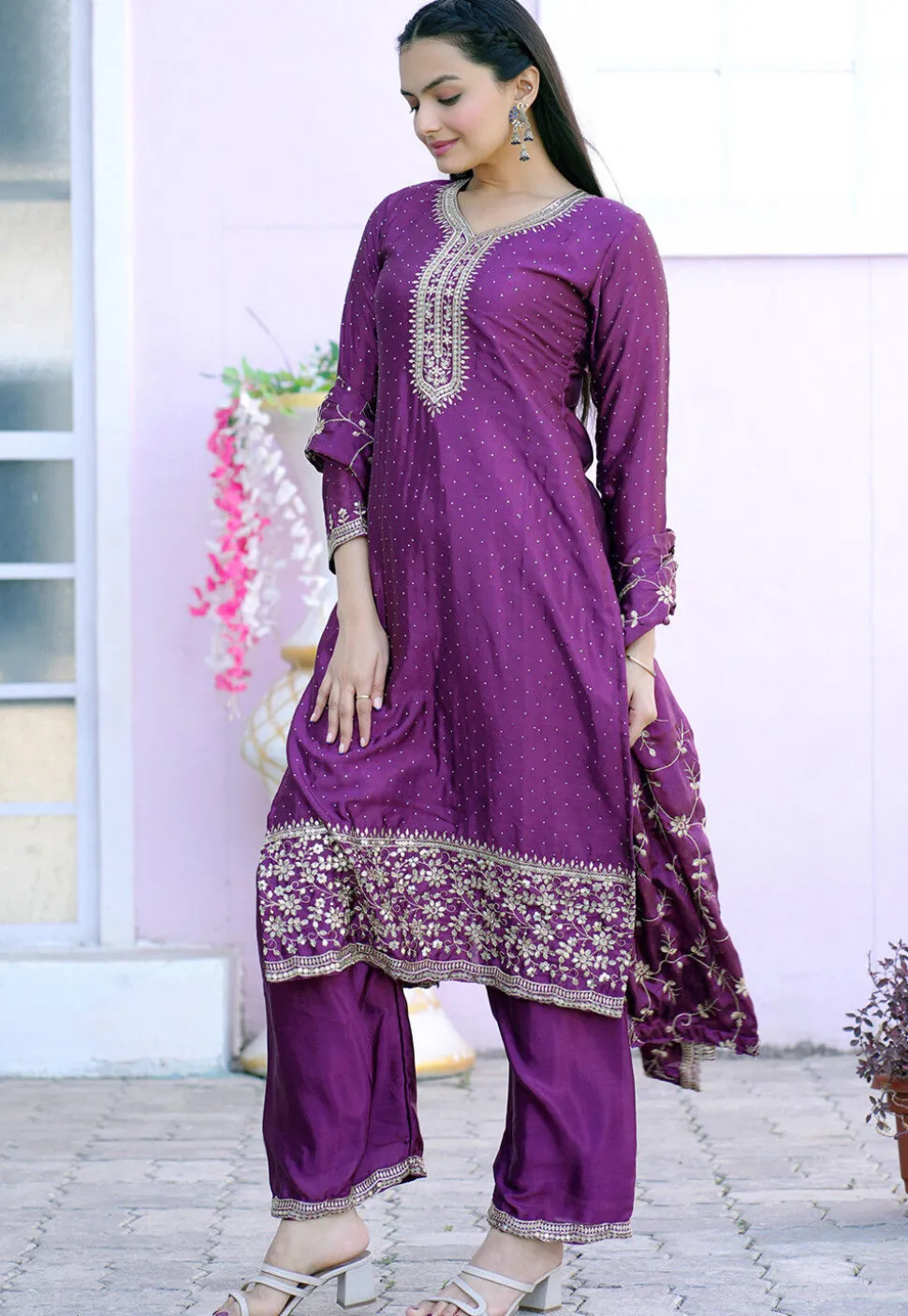 Embroidered Chinon Silk Pakistani Suit in Purple