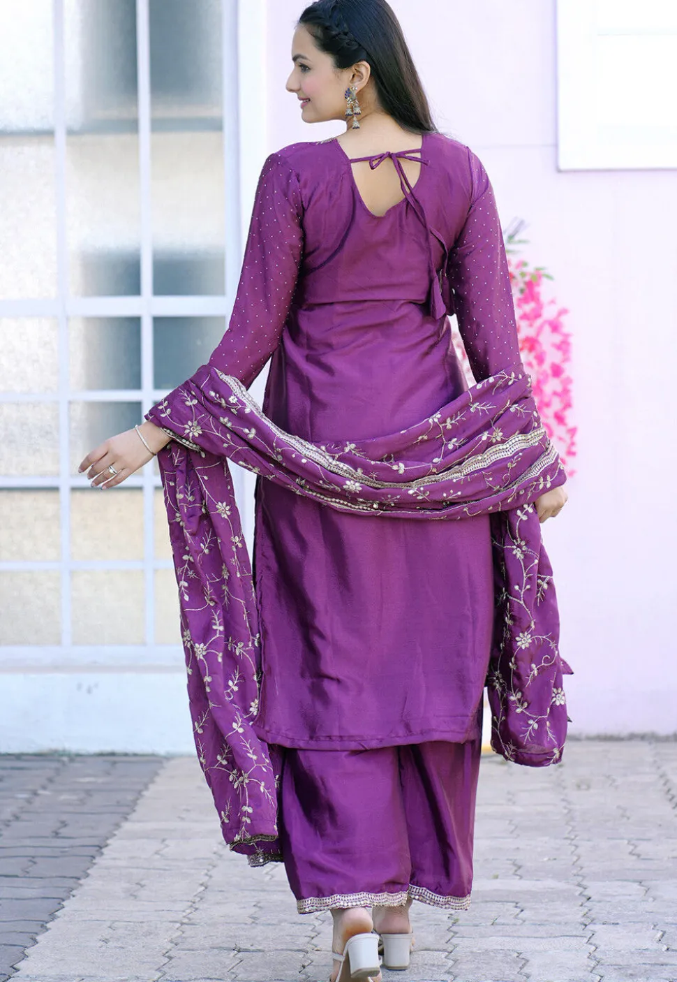Embroidered Chinon Silk Pakistani Suit in Purple