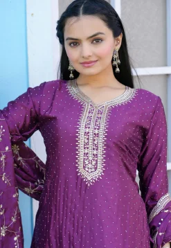Embroidered Chinon Silk Pakistani Suit in Purple