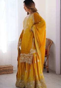 Embroidered Chinon Silk Pakistani Suit in Yellow Ombre