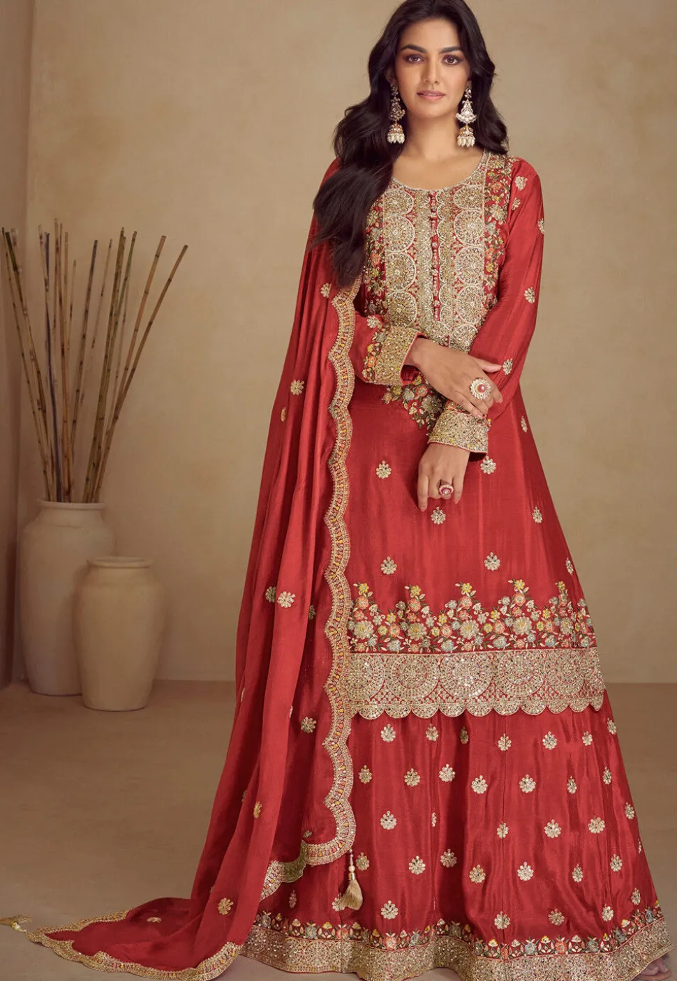 Embroidered Chinon Silk Pakistani Suit in Rust