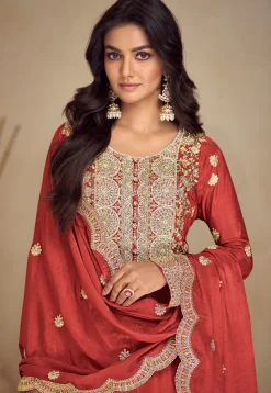 Embroidered Chinon Silk Pakistani Suit in Rust