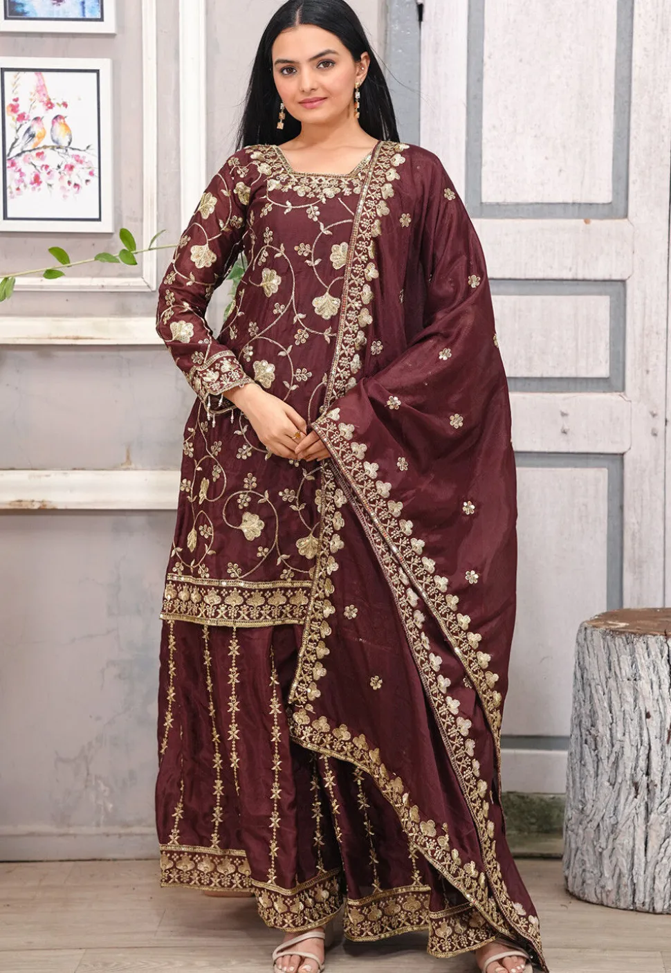 Embroidered Chinon Silk Pakistani Suit in Brown