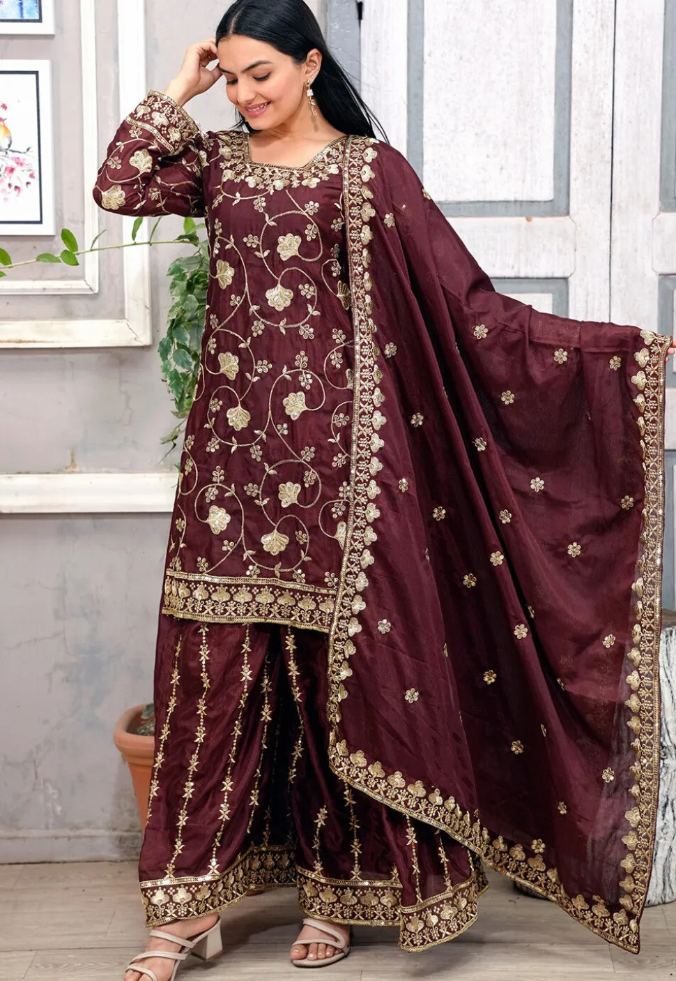 Embroidered Chinon Silk Pakistani Suit in Brown
