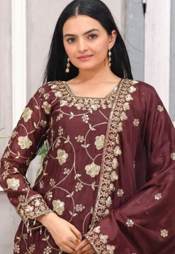 Embroidered Chinon Silk Pakistani Suit in Brown
