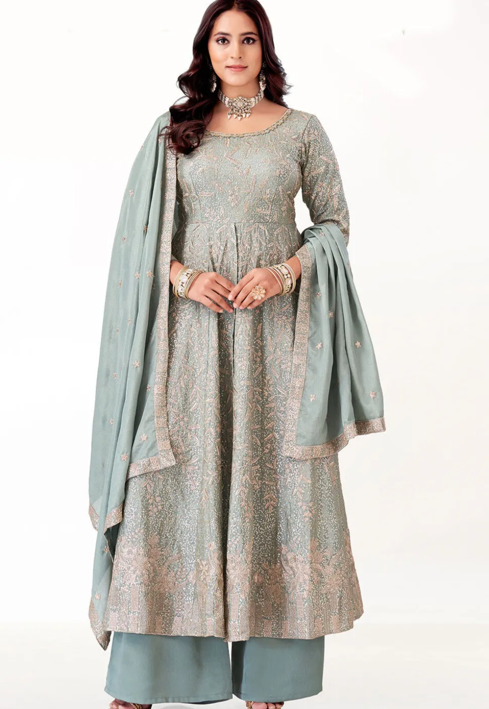 Embroidered Chinon Silk Pakistani Suit in Pastel Green