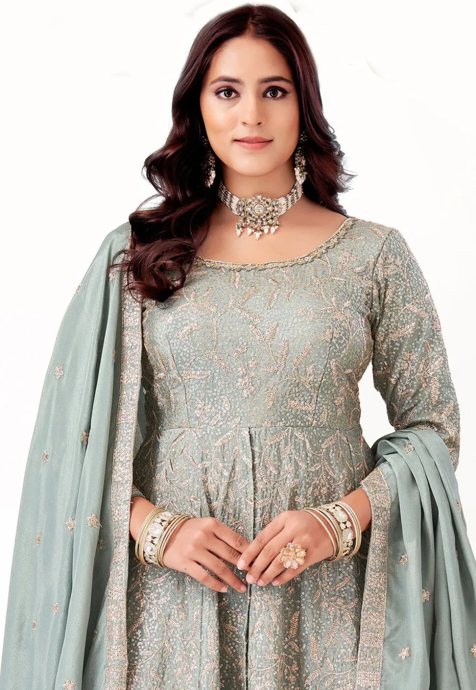 Embroidered Chinon Silk Pakistani Suit in Pastel Green