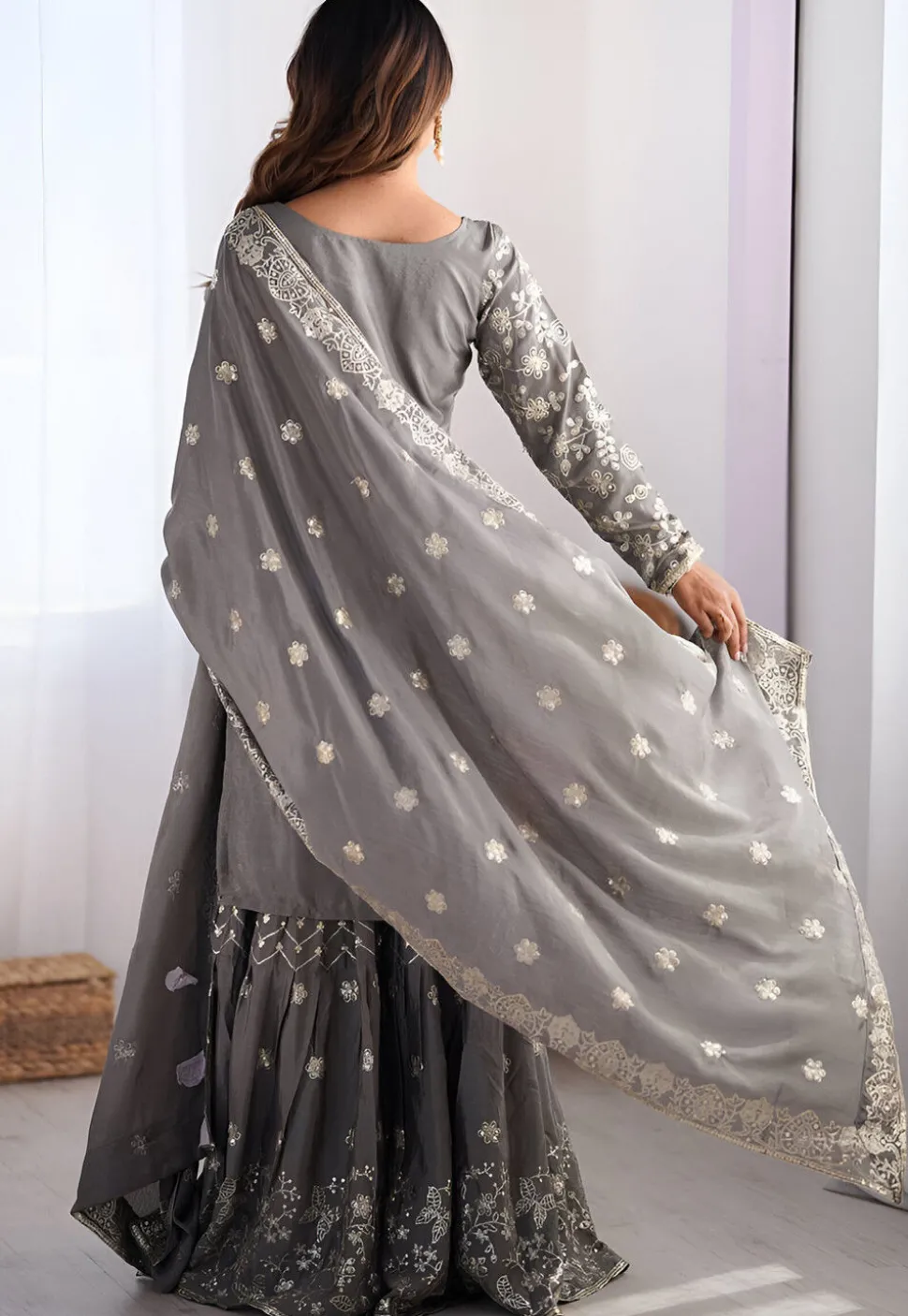Embroidered Chinon Silk Pakistani Suit in Grey