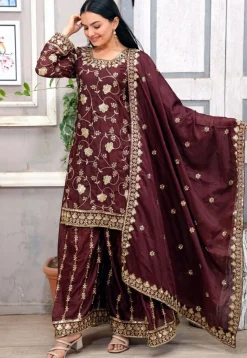 Embroidered Chinon Silk Pakistani Suit in Brown