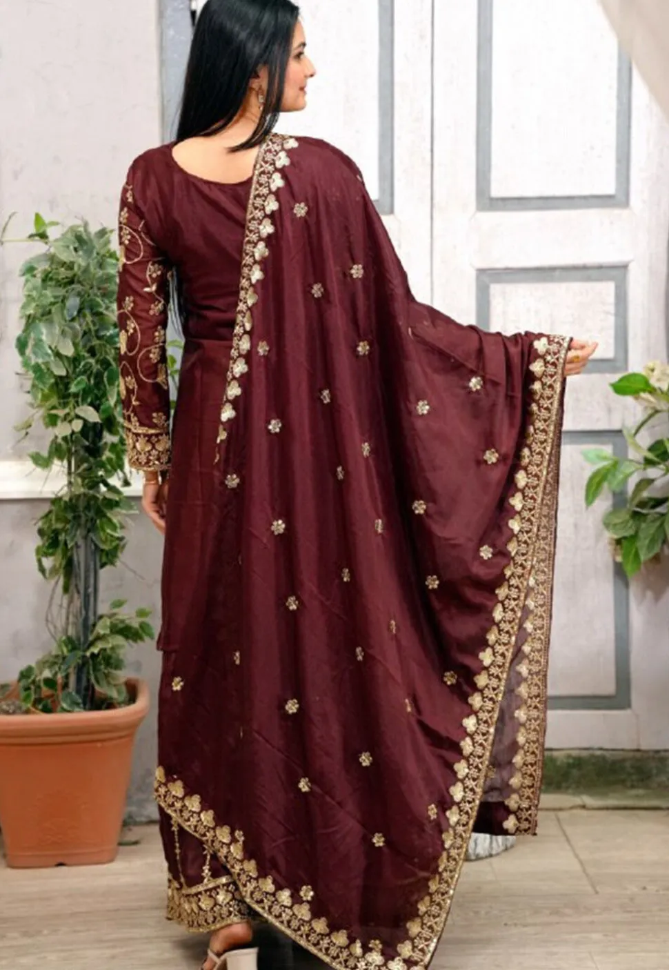 Embroidered Chinon Silk Pakistani Suit in Brown