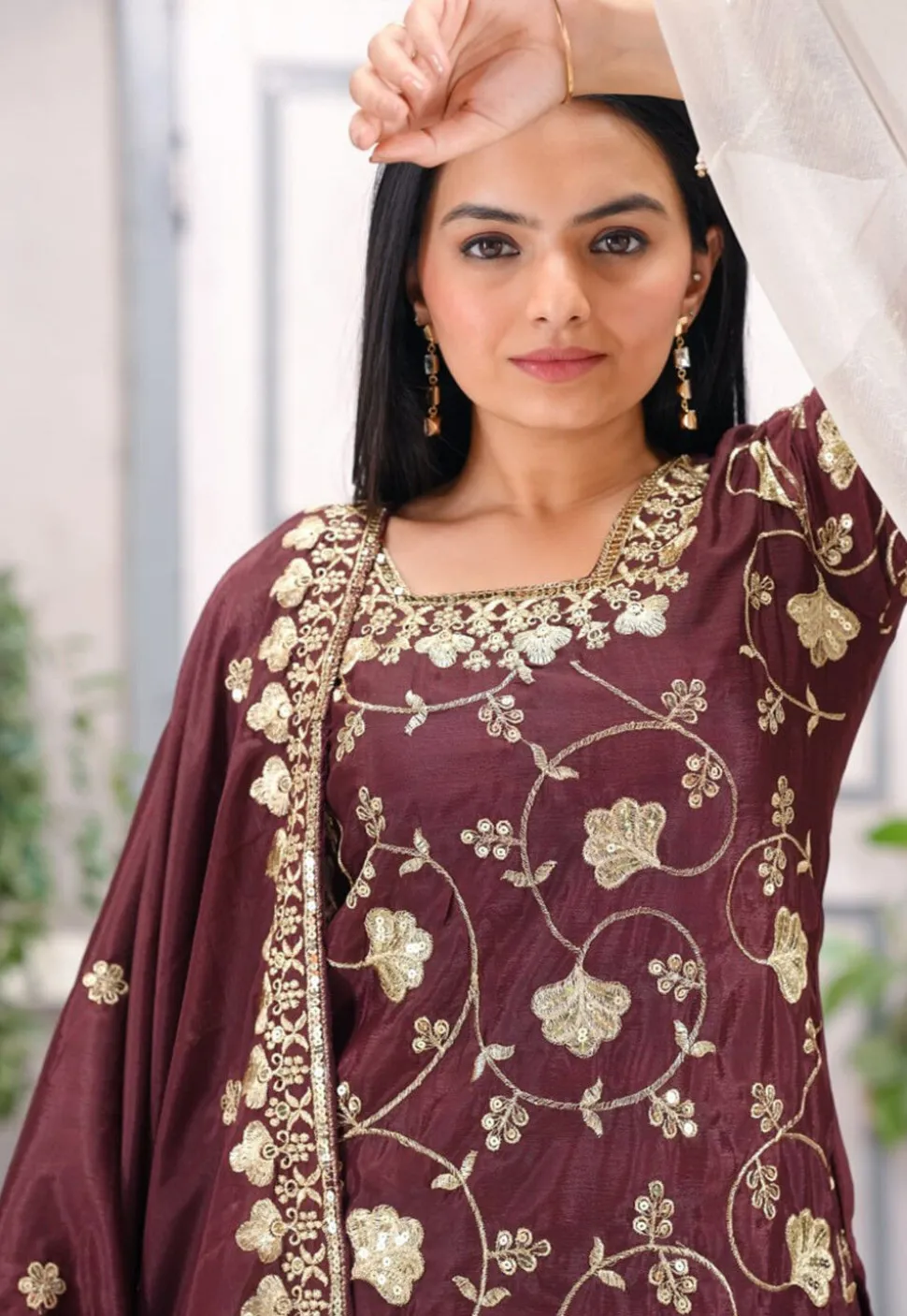 Embroidered Chinon Silk Pakistani Suit in Brown