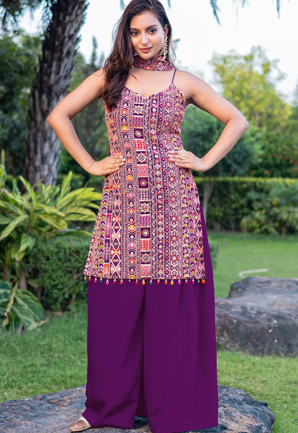 Embroidered Chinon Silk Pakistani Suit in Purple