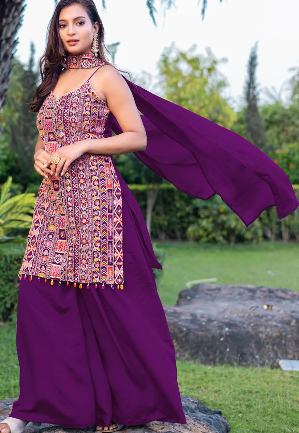 Embroidered Chinon Silk Pakistani Suit in Purple