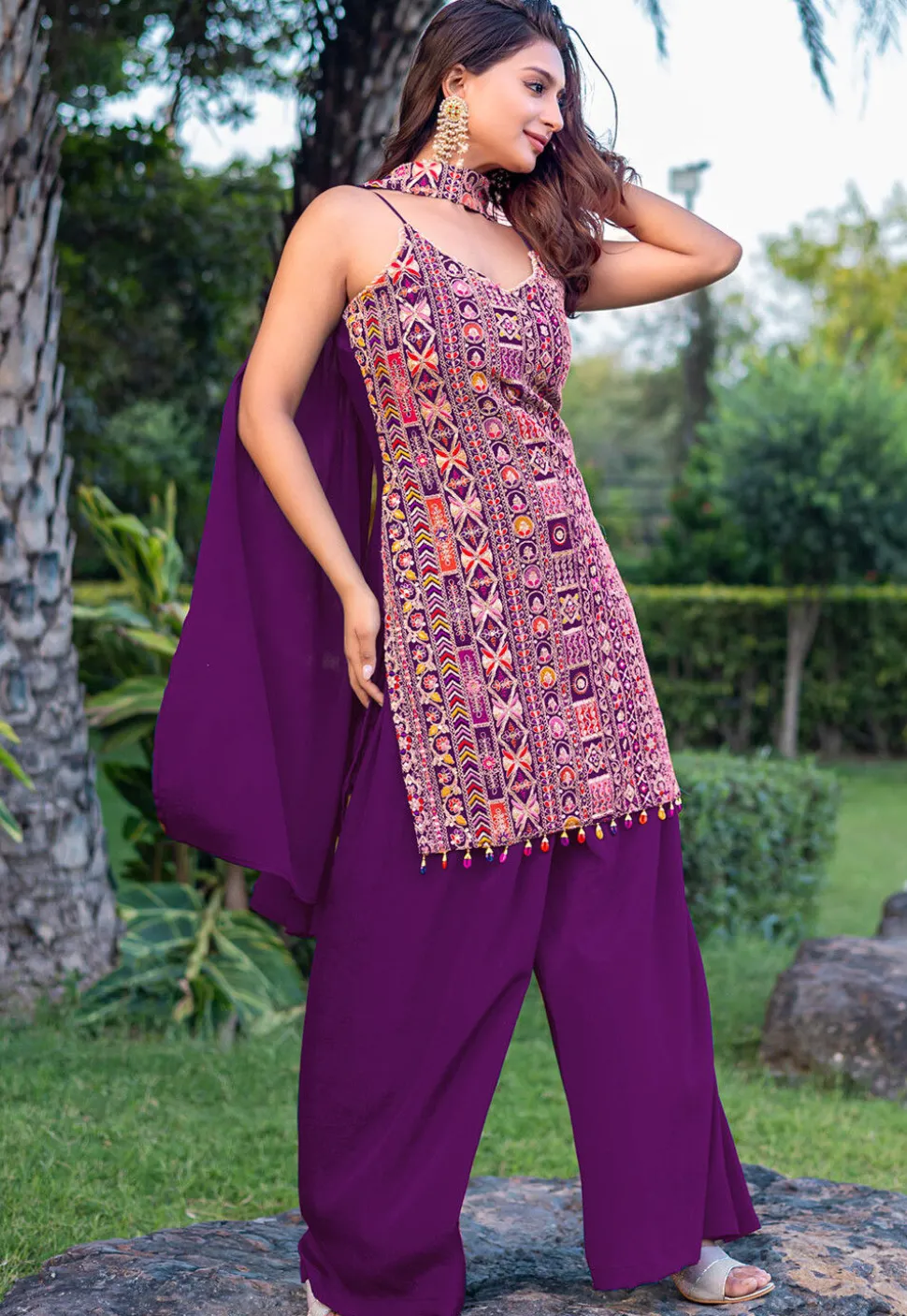 Embroidered Chinon Silk Pakistani Suit in Purple