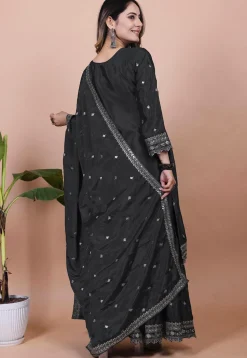 Embroidered Chinon Silk Pakistani Suit in Black