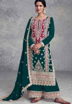 Embroidered Chinon Silk Pakistani Suit in Teal Green
