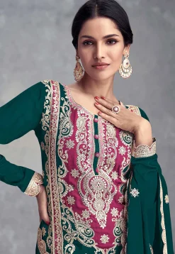 Embroidered Chinon Silk Pakistani Suit in Teal Green