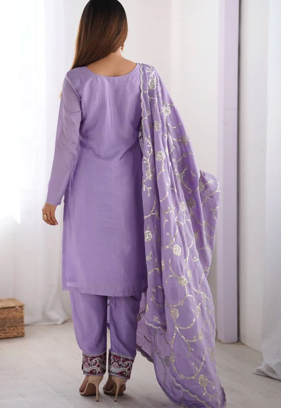 Embroidered Chinon Silk Pakistani Suit in Purple
