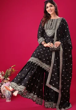 Embroidered Chinon Silk Pakistani Suit in Black