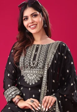 Embroidered Chinon Silk Pakistani Suit in Black