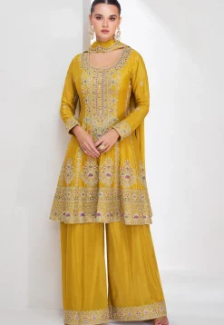 Embroidered Chinon Silk Pakistani Suit in Mustard