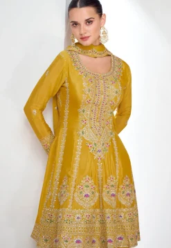 Embroidered Chinon Silk Pakistani Suit in Mustard
