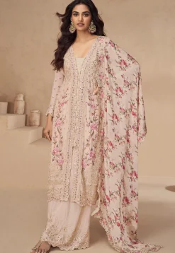 Embroidered Chinon Silk Pakistani Suit in Beige
