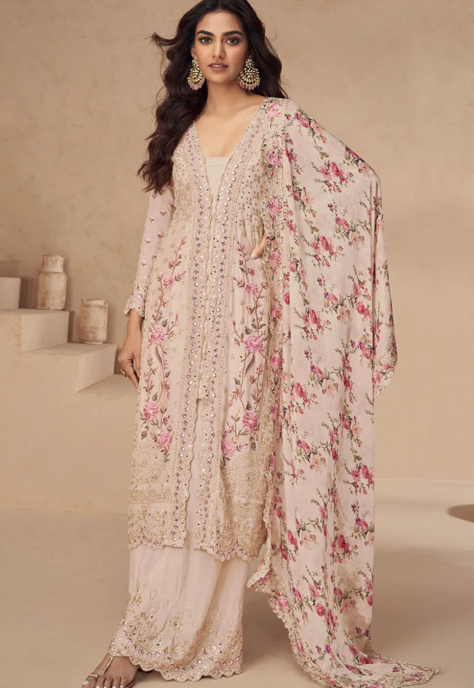 Embroidered Chinon Silk Pakistani Suit in Beige
