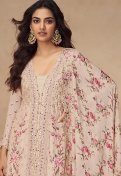 Embroidered Chinon Silk Pakistani Suit in Beige