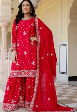 Embroidered Chinon Silk Pakistani Suit in Red