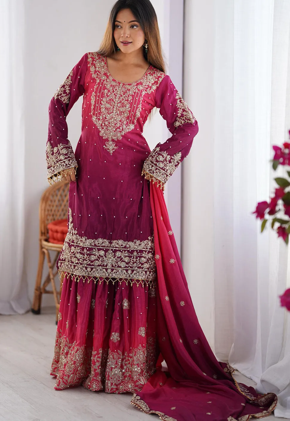 Embroidered Chinon Silk Pakistani Suit in Shaded Purple and Pink