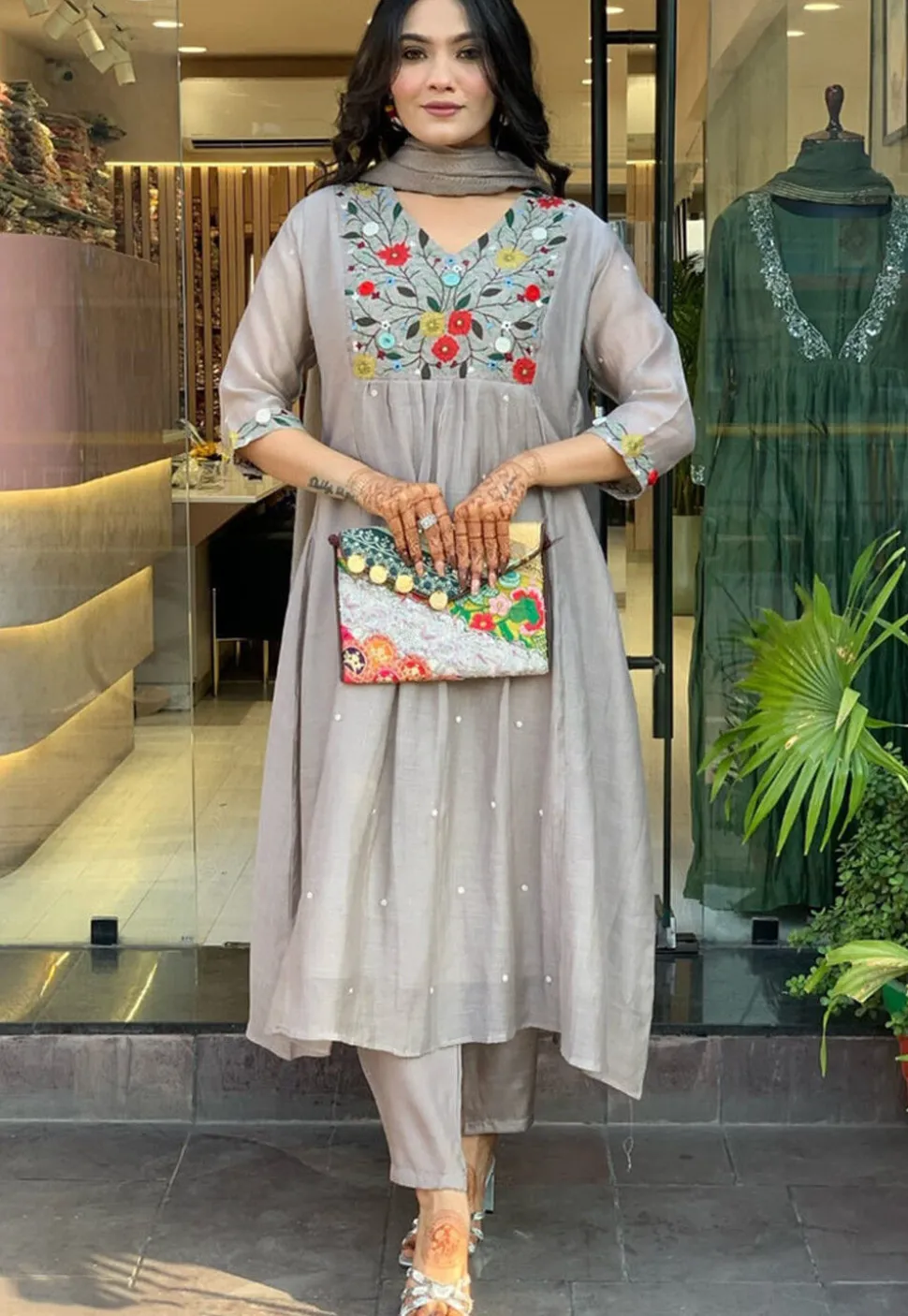 Embroidered Chinon Silk Pakistani Suit in Grey