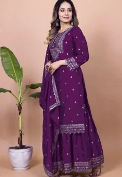 Embroidered Chinon Silk Pakistani Suit in Purple